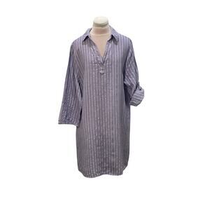 TEMPO PARIS Made in Italy 100% Linen Periwinkle White Stripe Shirt Dress M/L